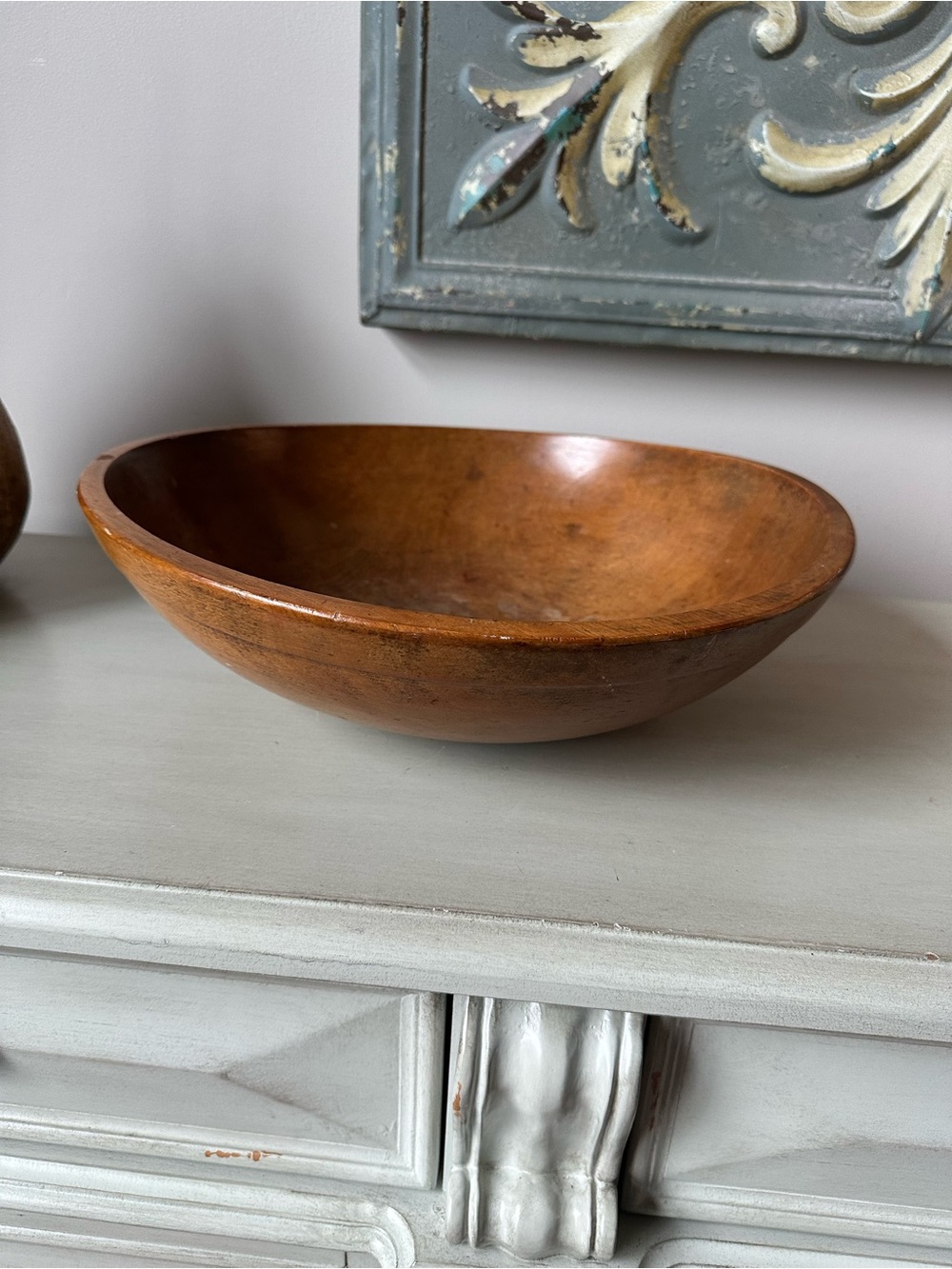 Antique primitive hand turned wooden dough bowl
